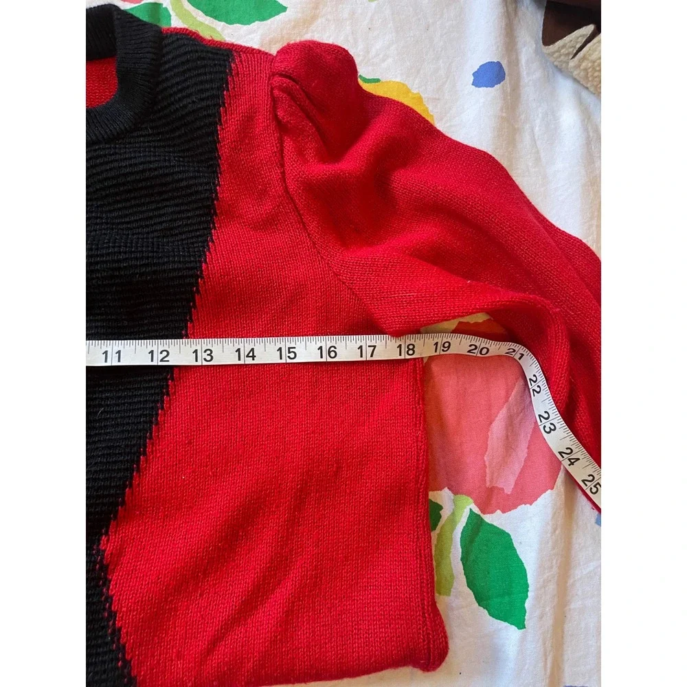 Vintage womens Red Black Colorblock Button Up Cardigan Puff Sleeve Sweater small